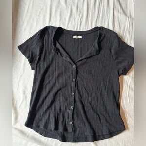 Madewell Black Ribbed Short-Sleeve Button-Down Top